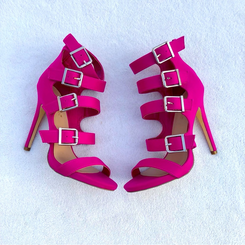 Shoe Dazzle Hot Pink Strappy Buckle High Heel Sandals